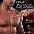 Master Series Pride Drip Candle: A hand holds a rainbow-colored wax candle, dripping red wax onto a man's bare chest.