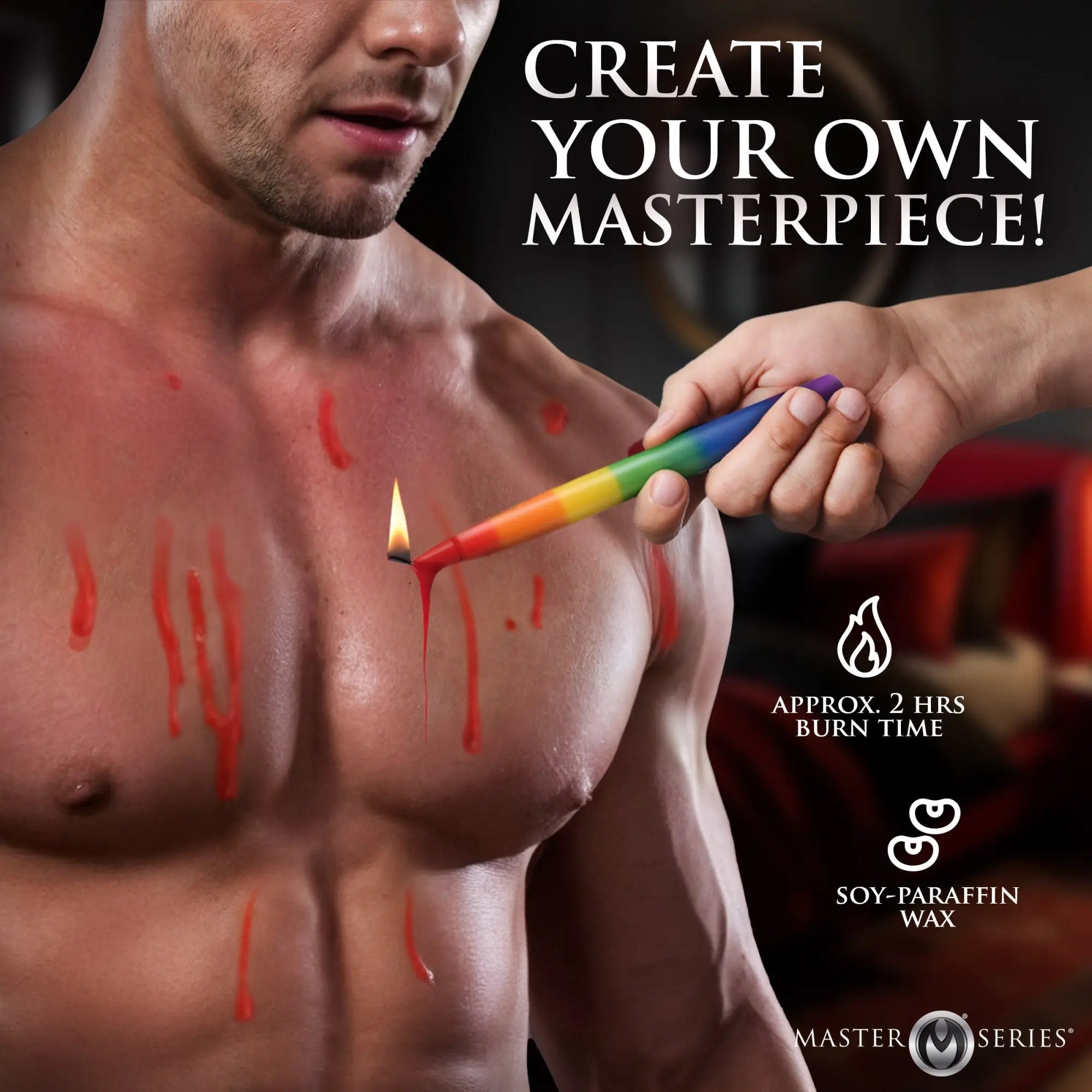Master Series Pride Drip Candle: A hand holds a rainbow-colored wax candle, dripping red wax onto a man's bare chest.