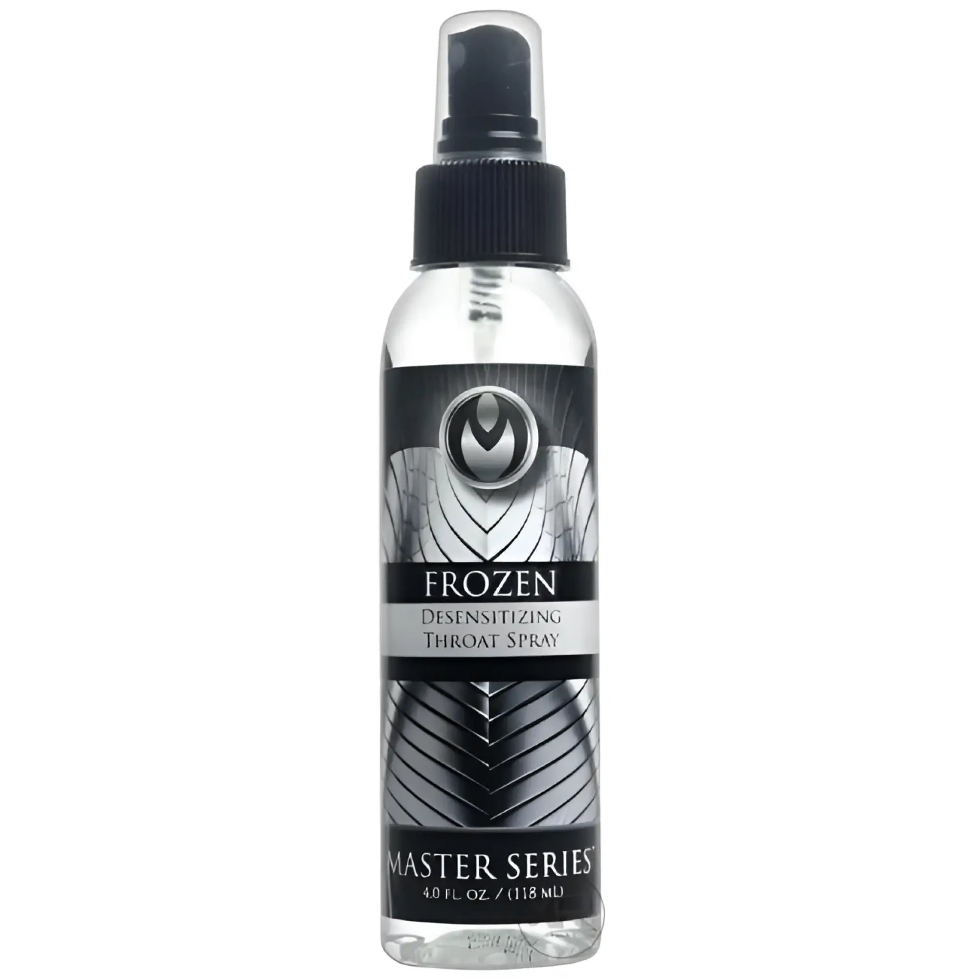 Clear 4oz Master Series Frozen desensitizing throat spray bottle with a black pump top and metallic graphic label.