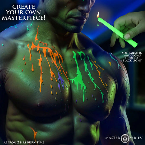 Master Series 4pk Glow Wax candles dripping neon orange, green, and purple wax onto a man’s chest under blacklight.