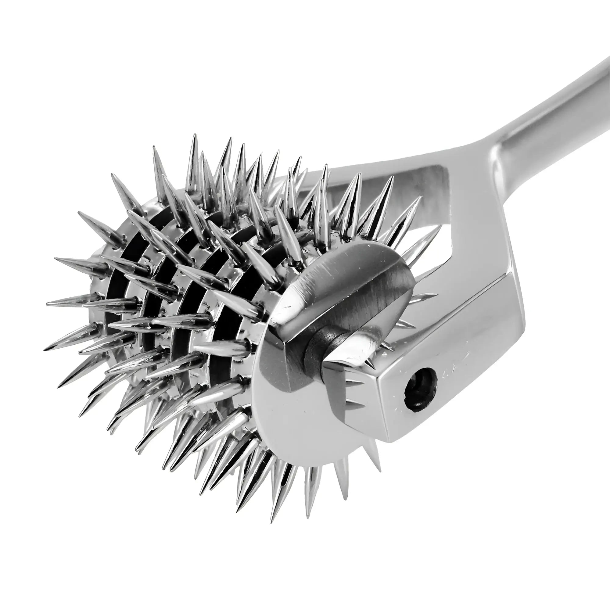 Master Series 5-Head Pinwheel: A shiny silver metal sensory tool with five spiked wheels on a Y-shaped handle.