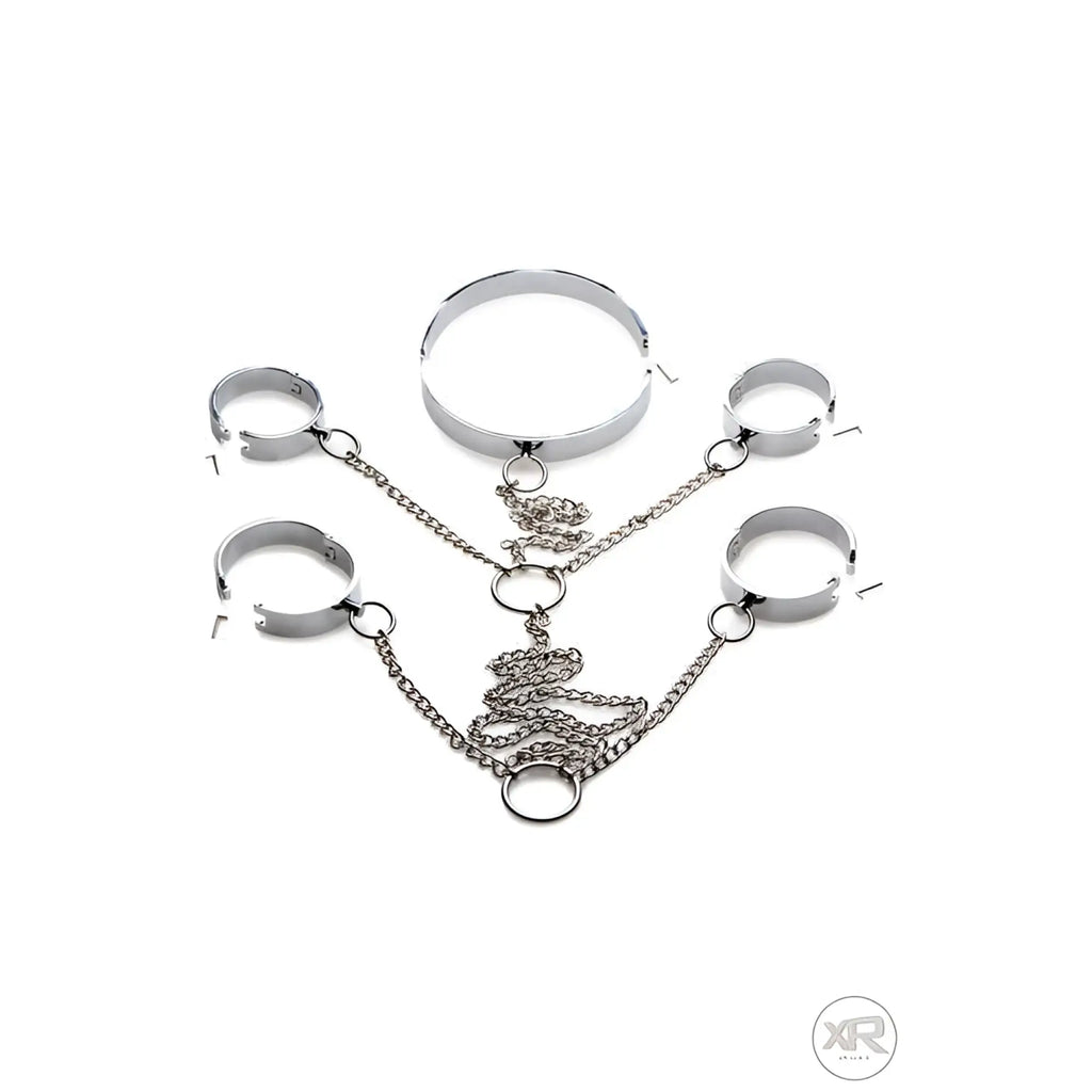Master Series 5-piece stainless steel shackle set: shiny silver metal collars and cuffs connected by linked chains.