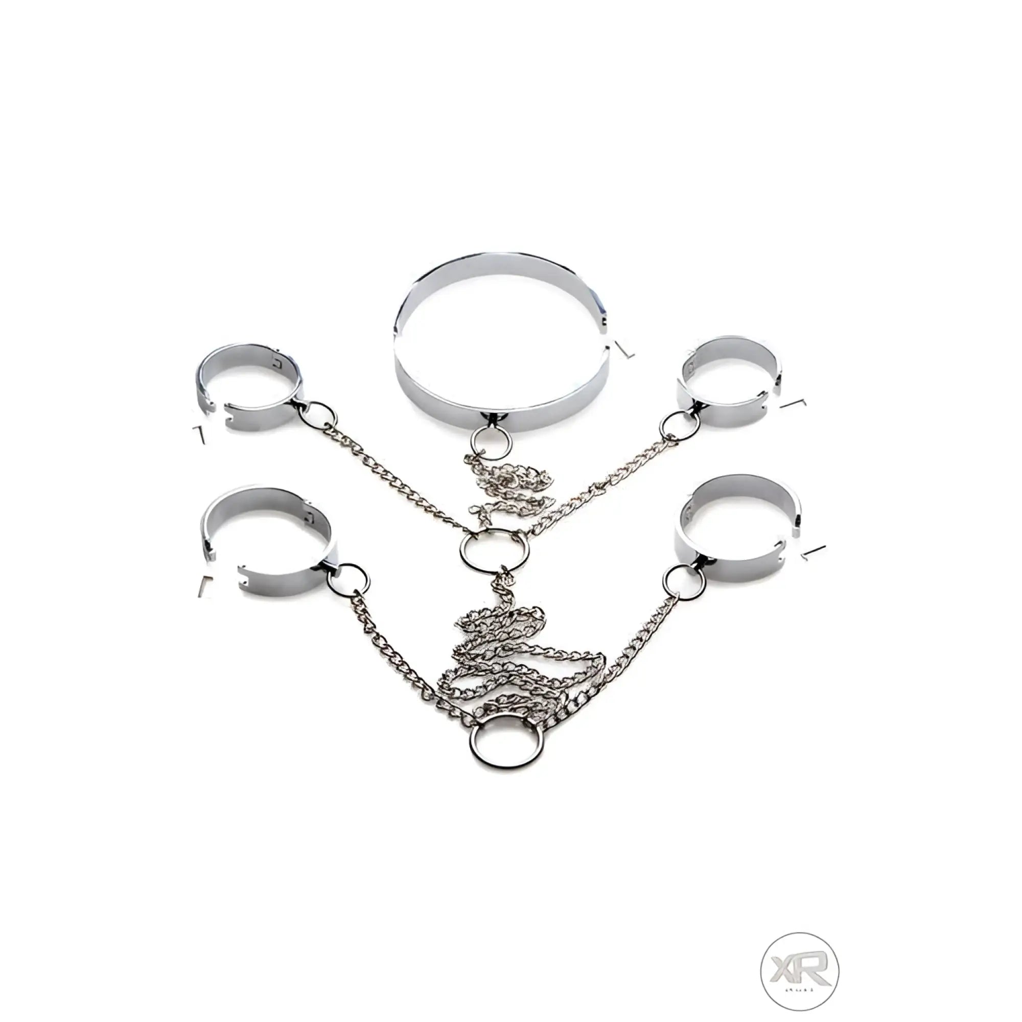 Master Series 5-piece stainless steel shackle set: shiny silver metal collars and cuffs connected by linked chains.