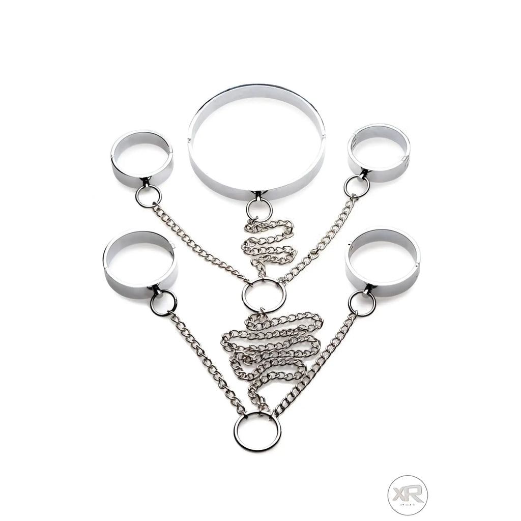 Master Series 5-piece stainless steel shackle set featuring a neck collar and four cuffs connected by silver chains.