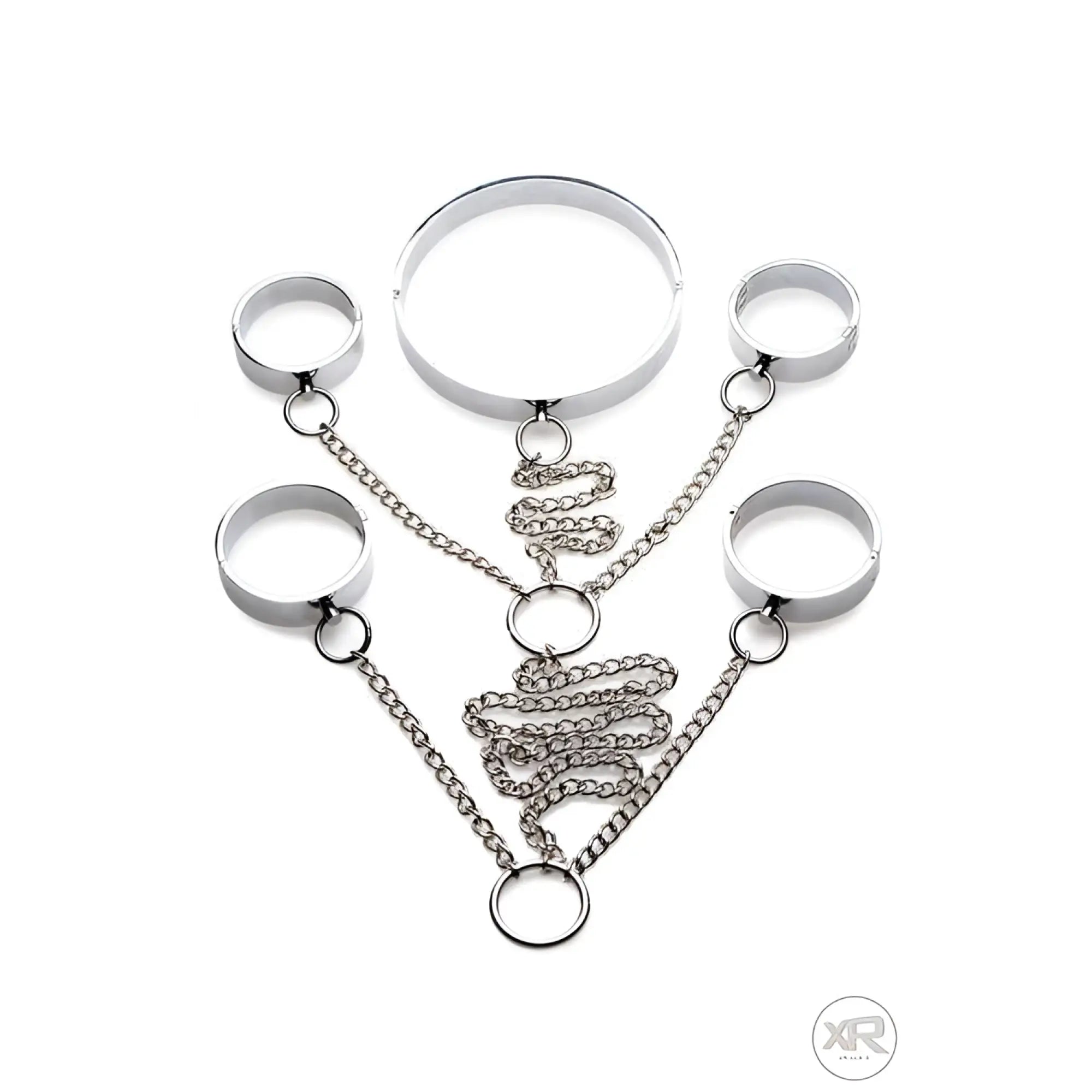 Master Series 5-piece stainless steel shackle set featuring a neck collar and four cuffs connected by silver chains.