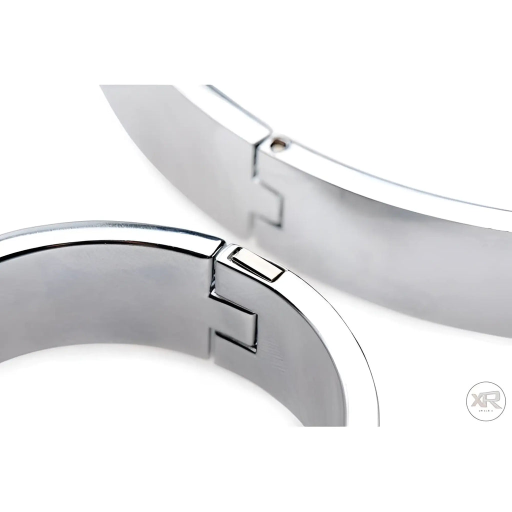 Master Series 5-piece stainless steel shackle set featuring polished, hinged metallic cuffs on a white background.