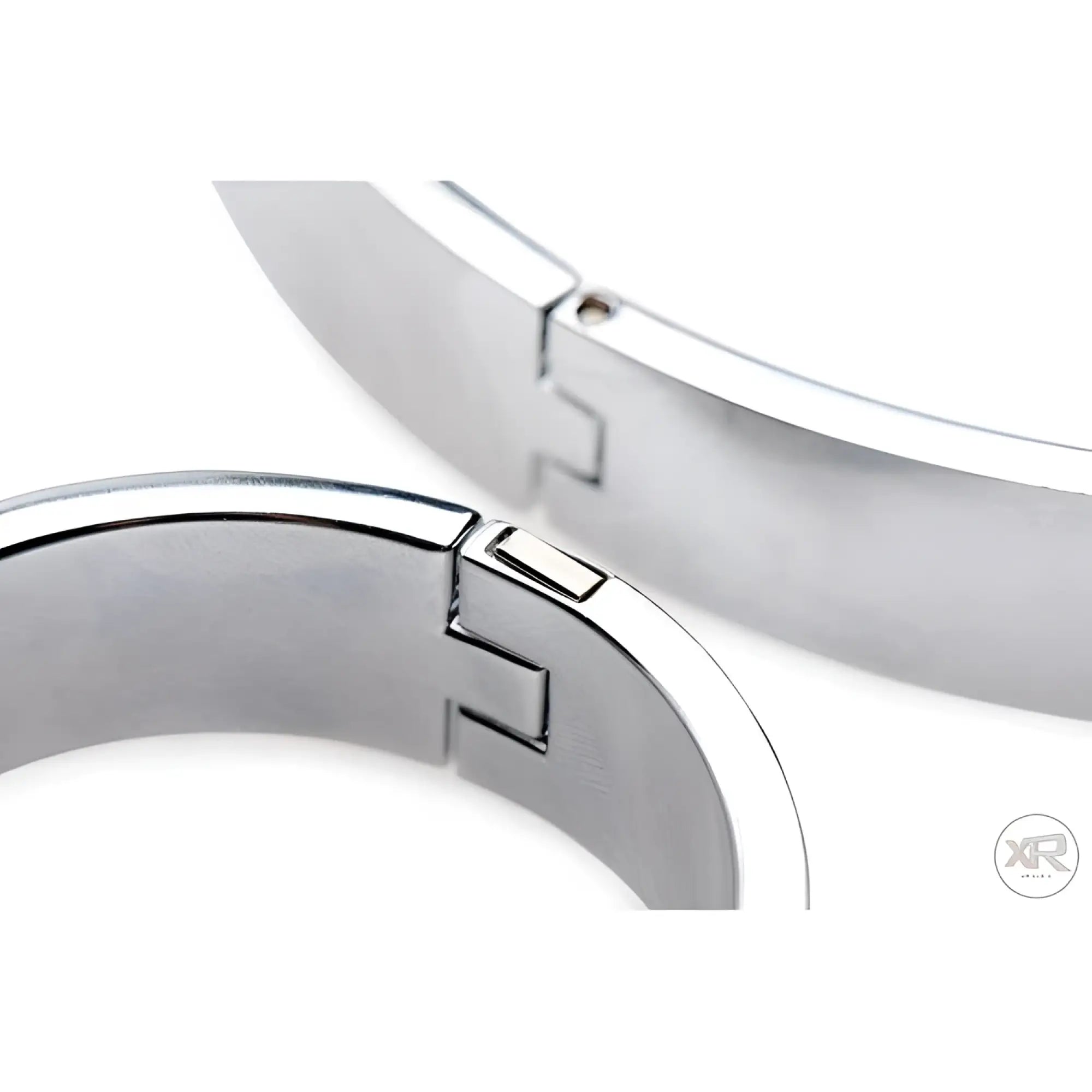 Master Series 5-piece stainless steel shackle set featuring polished, hinged metallic cuffs on a white background.