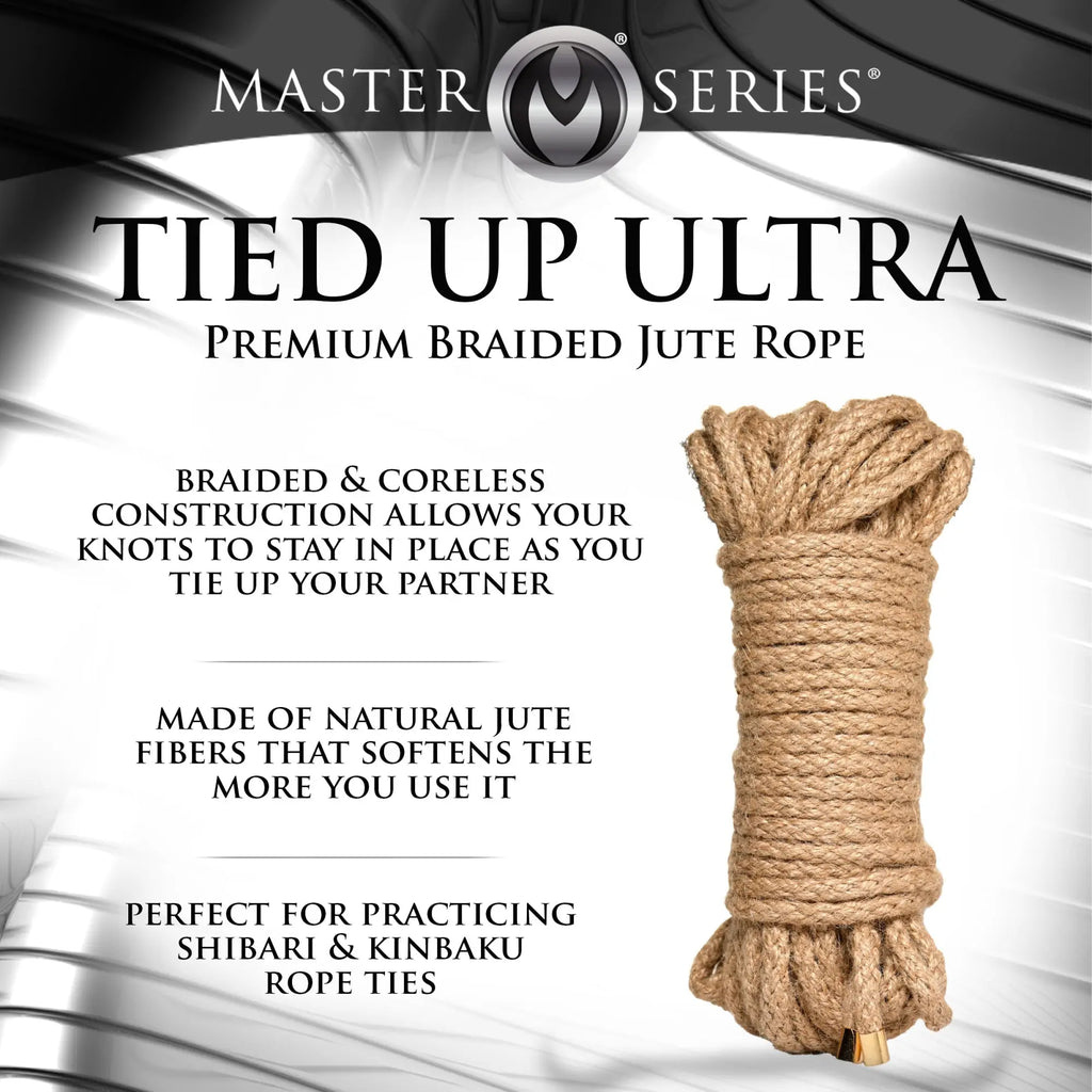 Master Series 50ft Premium Braided Jute Bondage Rope coiled in natural tan, featuring a coreless, textured design.