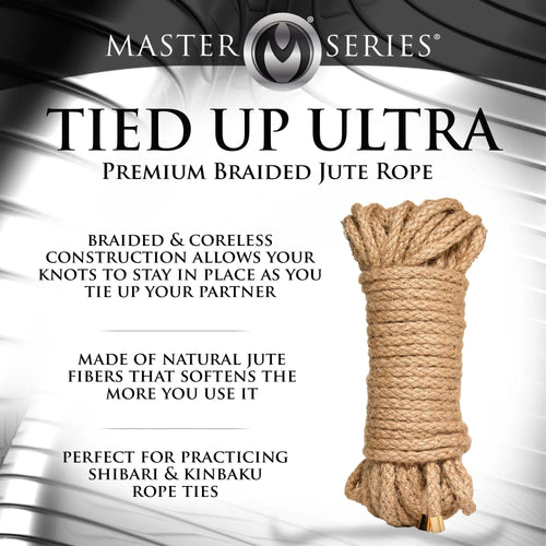 Master Series 50ft Premium Braided Jute Bondage Rope coiled in natural tan, featuring a coreless, textured design.