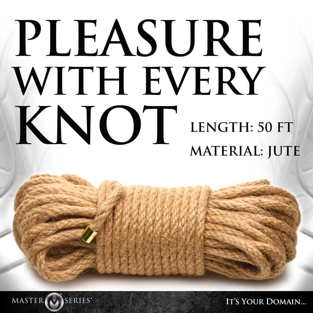 Master Series 50ft premium brown braided jute bondage rope coiled, featuring gold-toned metal tips.