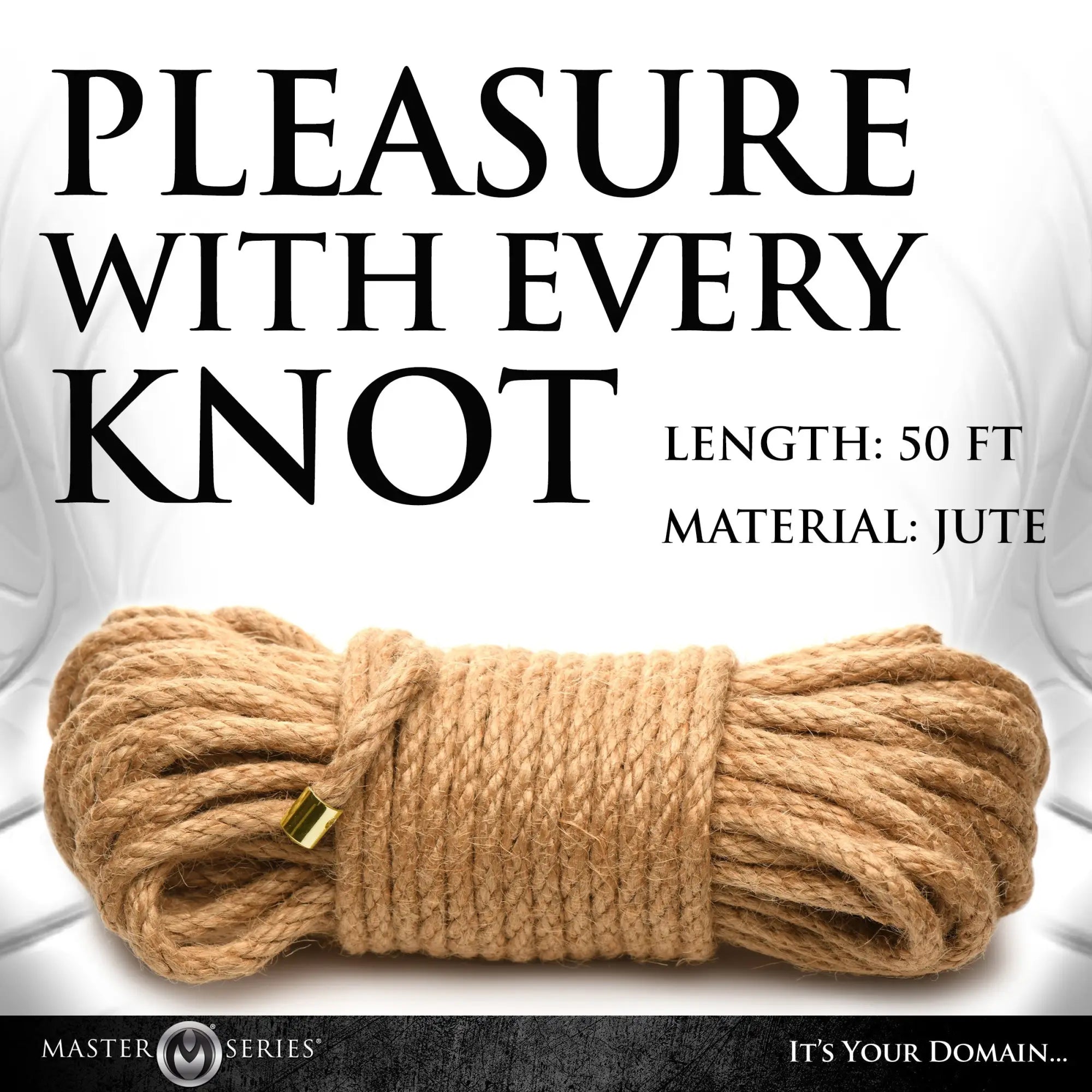 Master Series 50ft premium brown braided jute bondage rope coiled, featuring gold-toned metal tips.