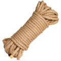 Master Series 50ft premium braided jute bondage rope, tightly coiled in a natural tan color with gold metal end caps.