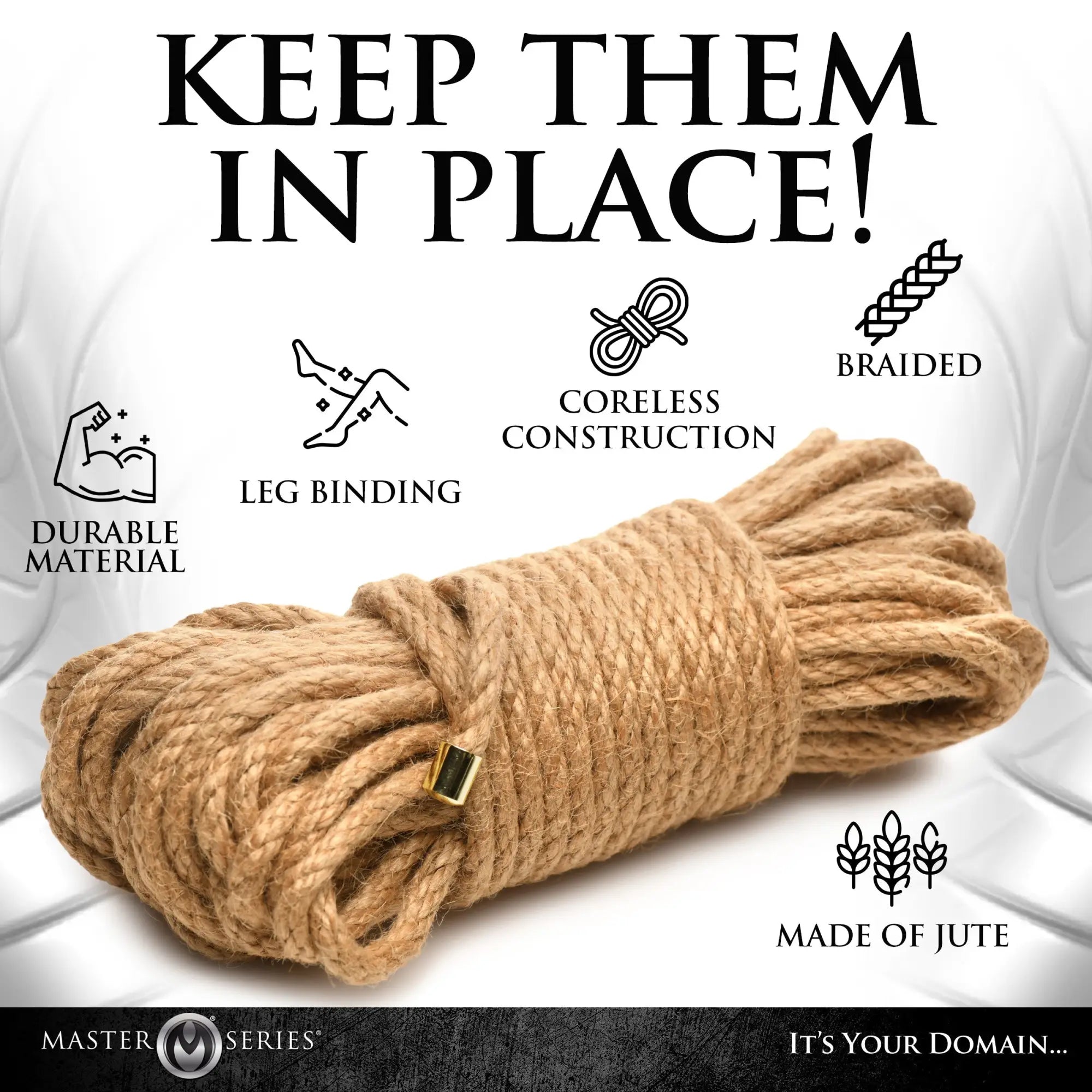 Master Series 50ft tan braided jute rope coiled, featuring a gold metal end tip and informative benefit icons.