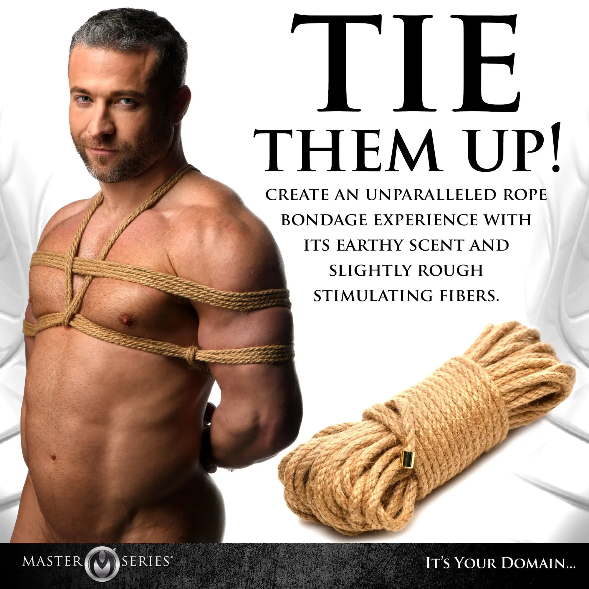 Master Series 50ft Premium Braided Jute Rope coiled next to a man wearing a chest and arm rope harness.