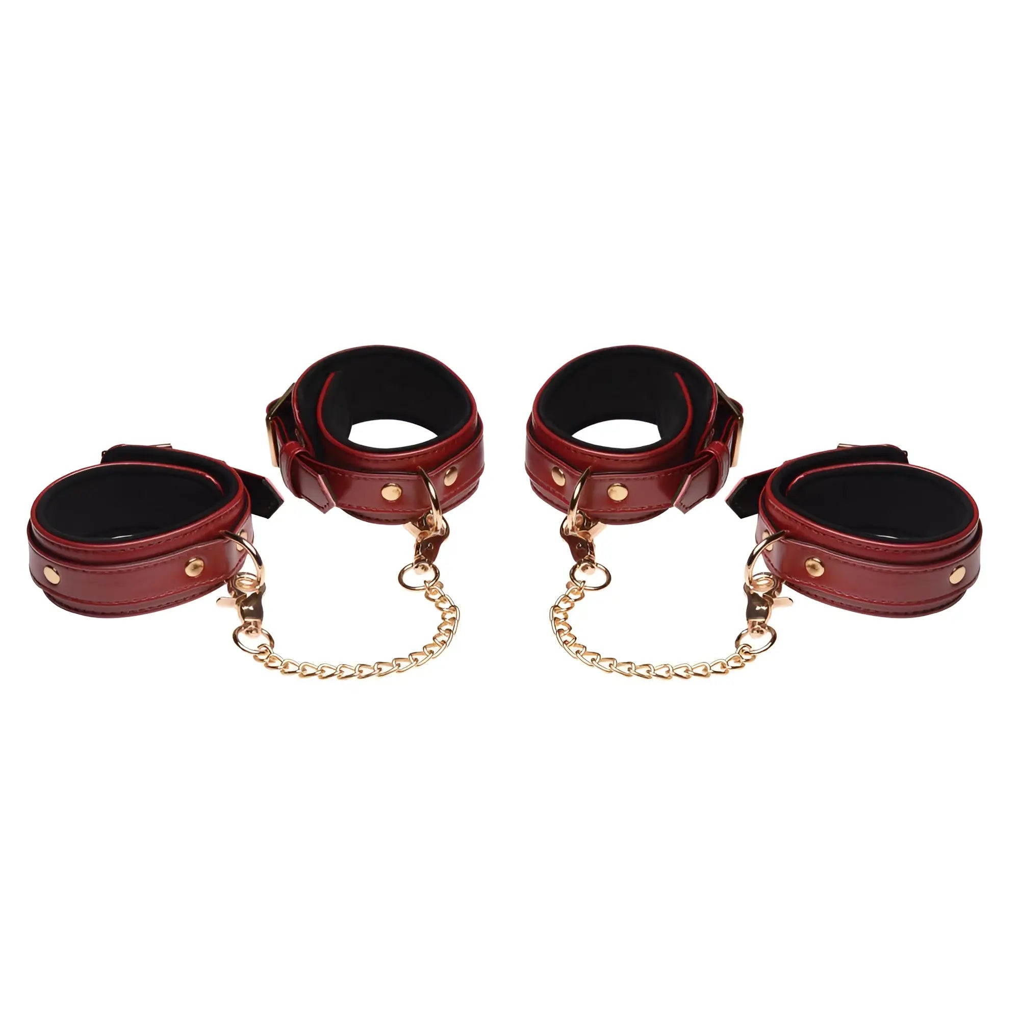 Master Series burgundy bondage set featuring four padded faux-leather cuffs with gold-tone chains and hardware.