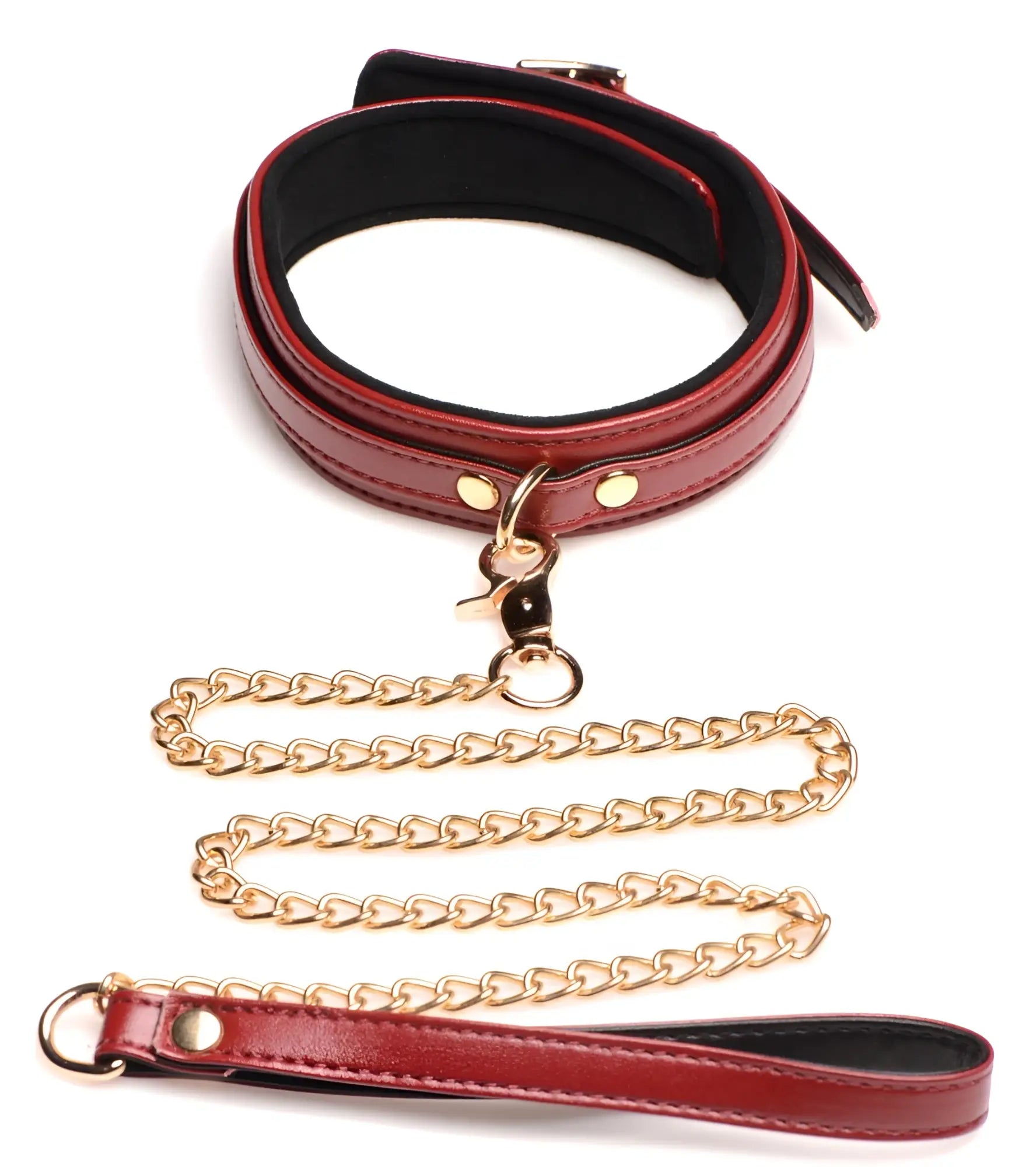Master Series burgundy bondage collar and leash set with gold hardware on a white background.