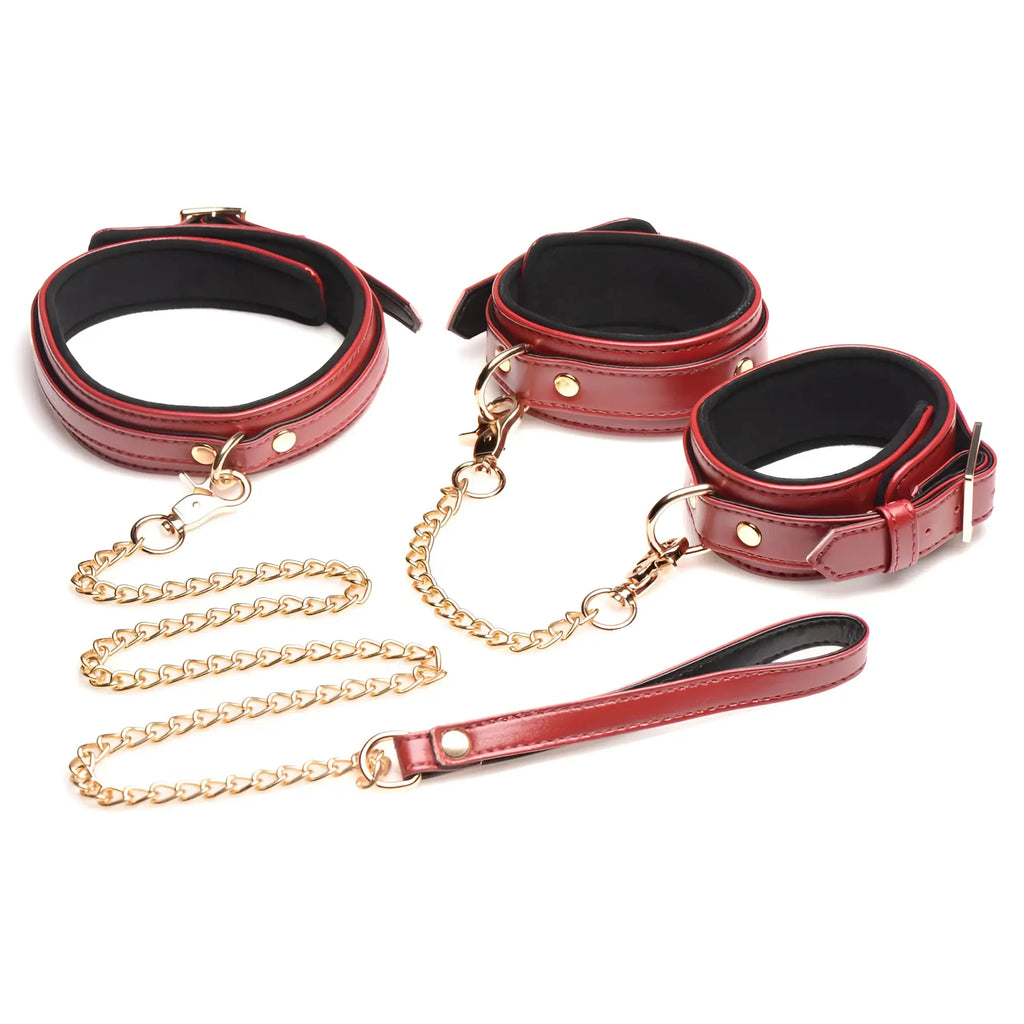 Master Series 6-piece burgundy faux leather bondage set featuring gold chains, a matching leash, and buckled cuffs.