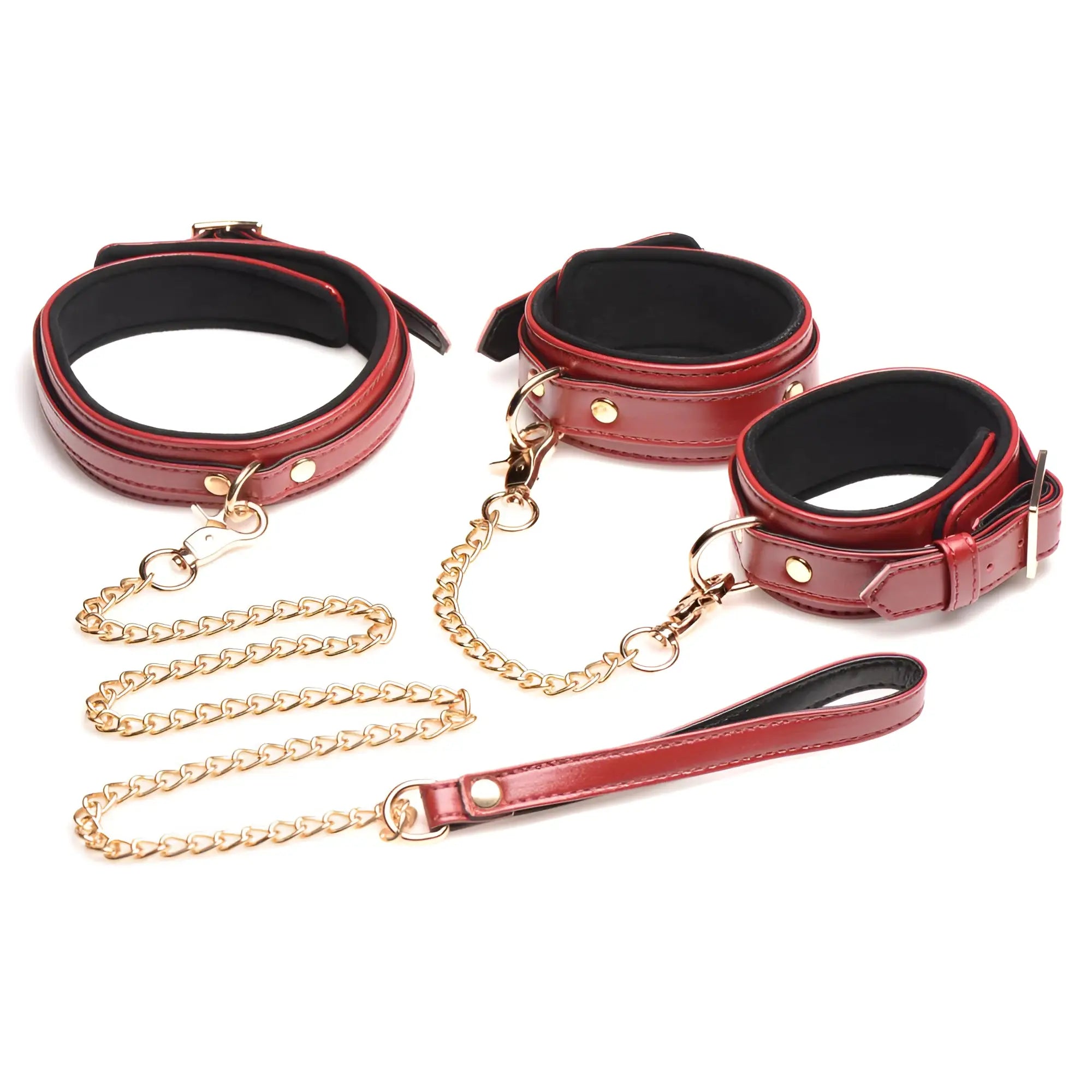 Master Series 6-piece burgundy faux leather bondage set featuring gold chains, a matching leash, and buckled cuffs.