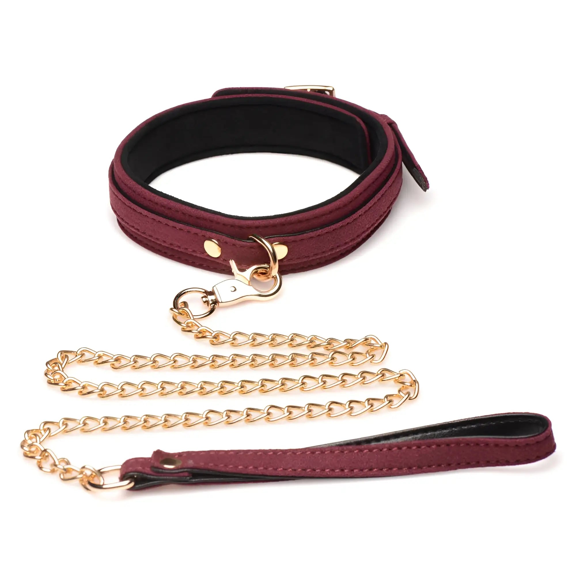 Master Series velvet bondage collar and lead set in deep burgundy with gold chain and hardware on white background.