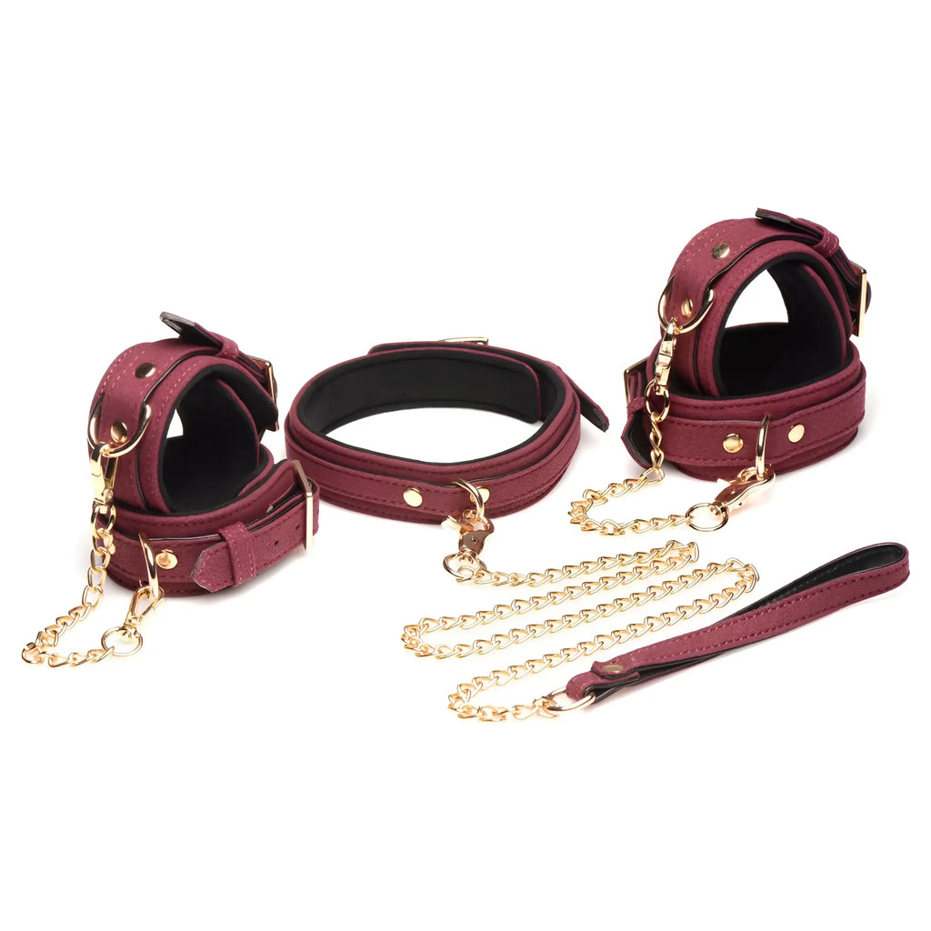 Master Series 6-piece bondage set in burgundy velvet with gold hardware, including cuffs, collar, and leash.