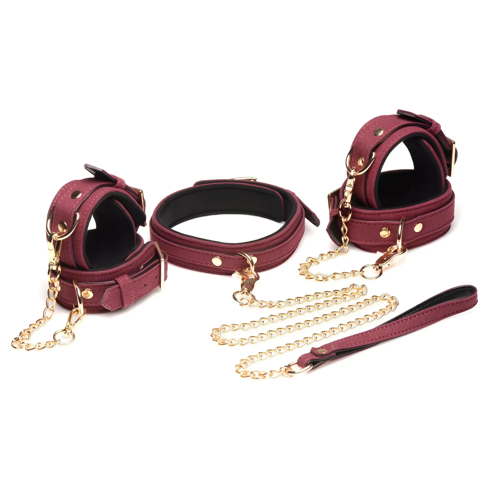 Master Series 6-piece bondage set in burgundy velvet with gold hardware, including cuffs, collar, and leash.