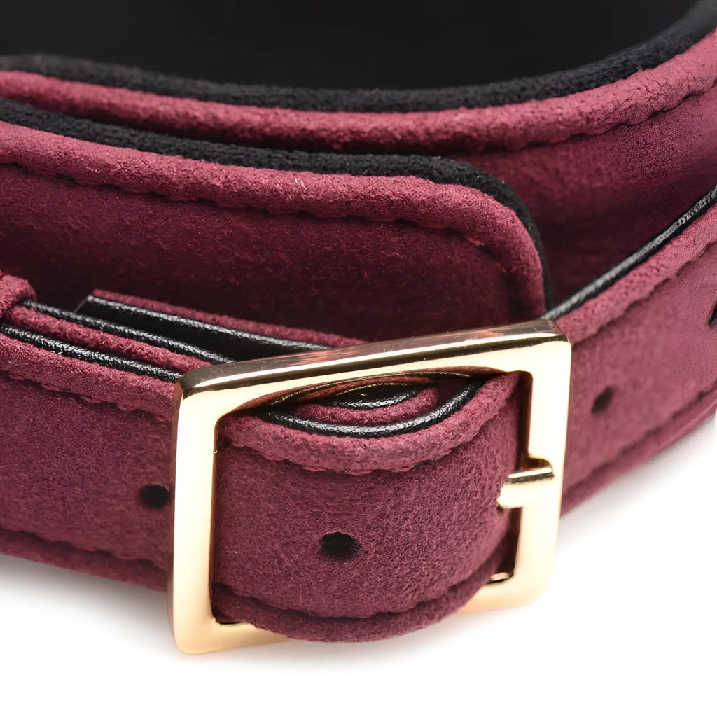 Close-up of a burgundy velvet strap with a gold buckle from the Master Series 6 Piece Bondage Set.