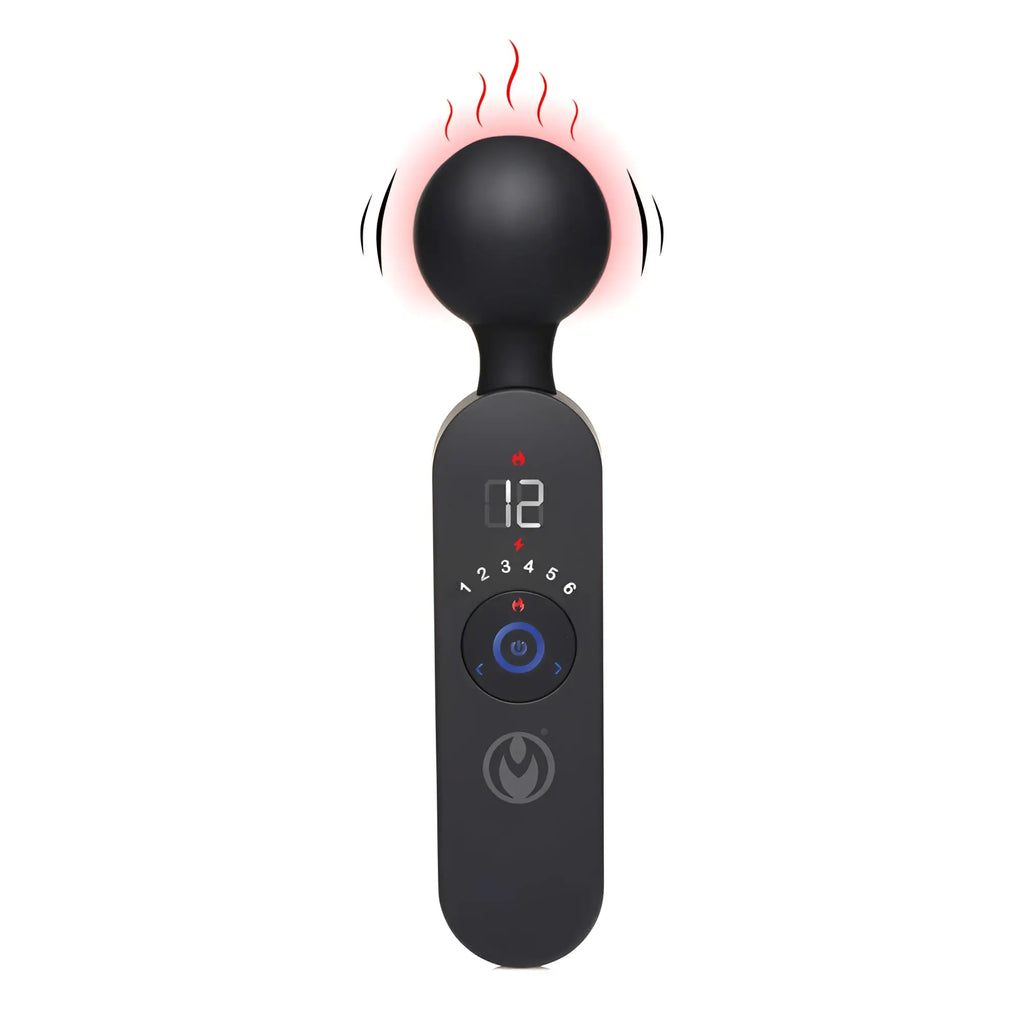 Master Series 72X black silicone heating wand massager with a digital display, heat indicator, and control buttons.