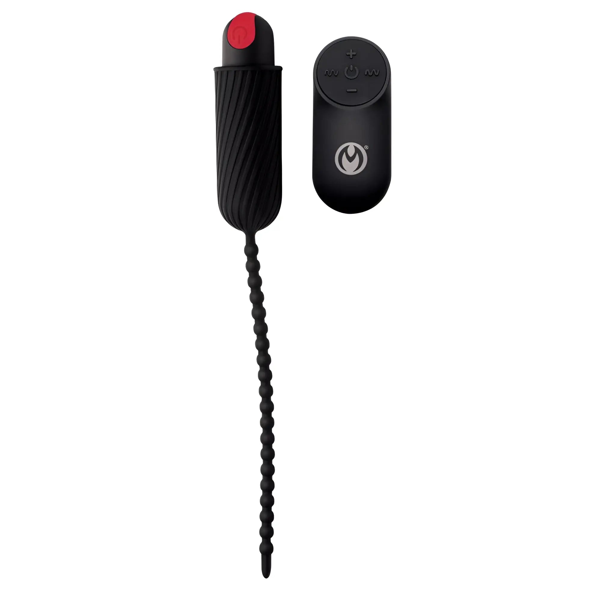Master Series 7X Dark Chain device in black silicone with ribbed texture and red top, shown with its remote control.