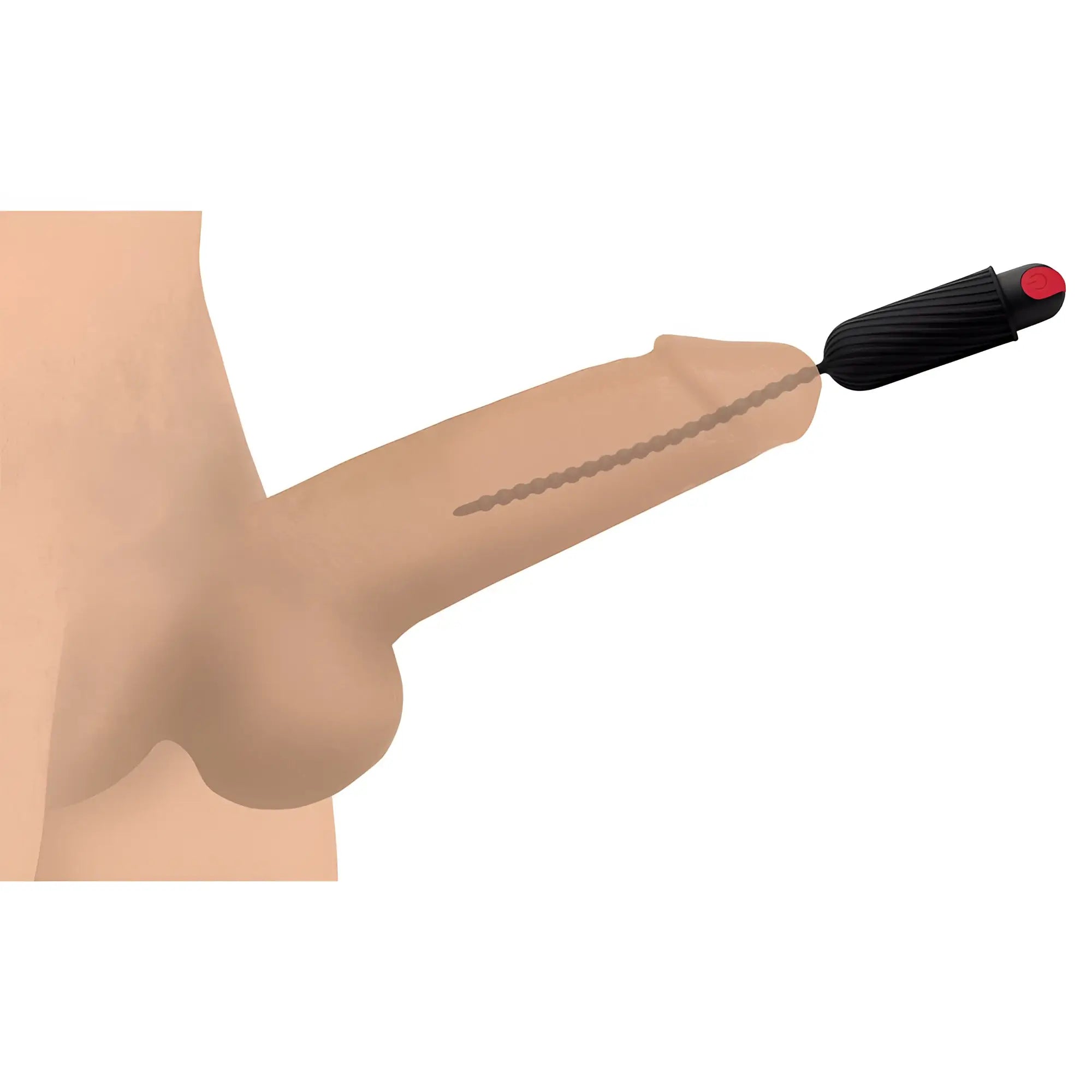 Master Series 7X Dark Chain sound inserted into a beige silicone anatomical model, with a black textured handle.