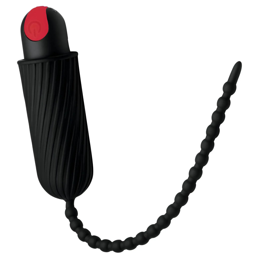 Master Series 7X Dark Chain is a black silicone ribbed vibrator with a long, flexible beaded tail and red power button.
