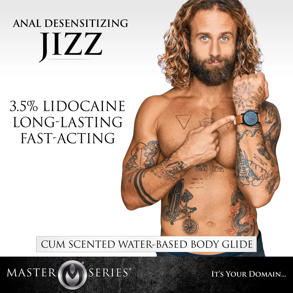 Shirtless tattooed man pointing to a watch, promoting Master Series Jizz Scented Anal Desensitizing Lube.