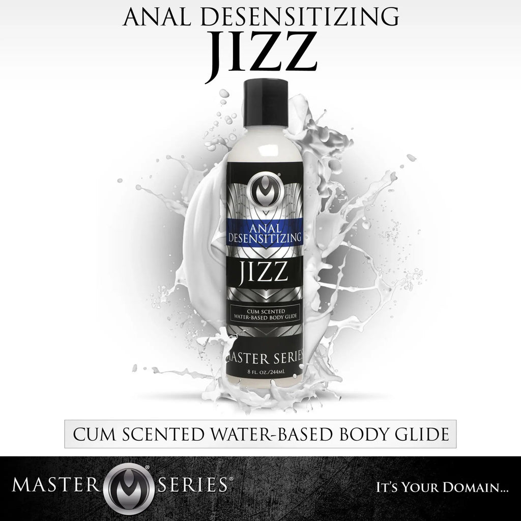Master Series 8.5oz Jizz scented desensitizing lube bottle in front of a white liquid splash on a black background.