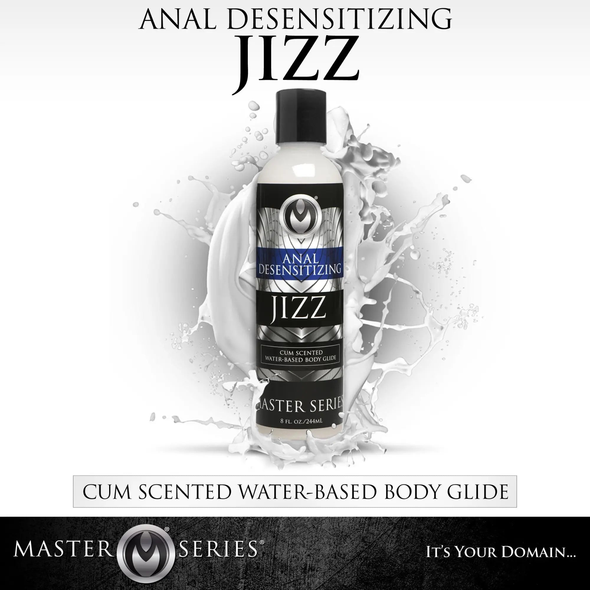 Master Series 8.5oz Jizz scented desensitizing lube bottle in front of a white liquid splash on a black background.