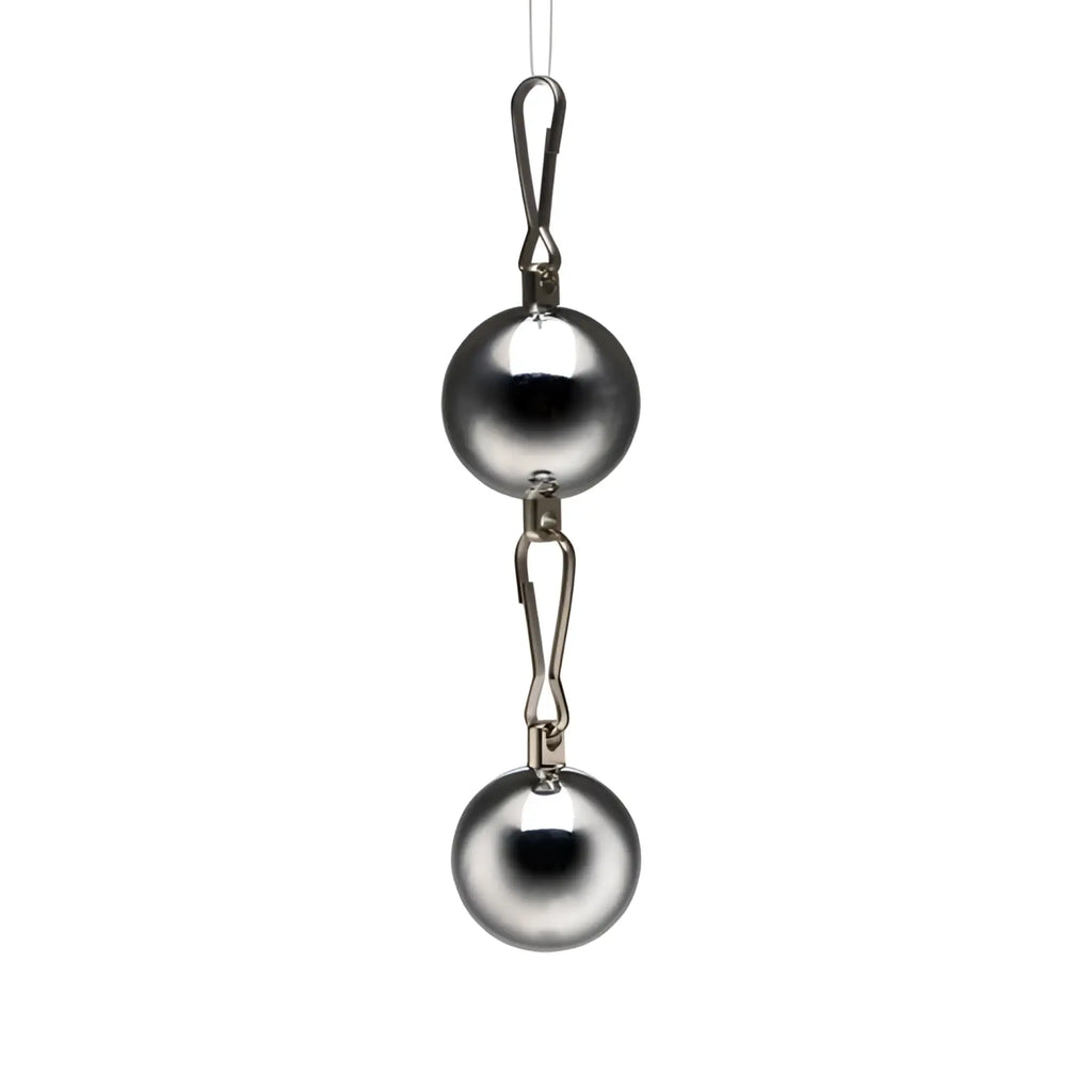 Master Series 8oz Interlocking Ball Weight: Two polished silver chrome balls connected by a metal clip on a string.