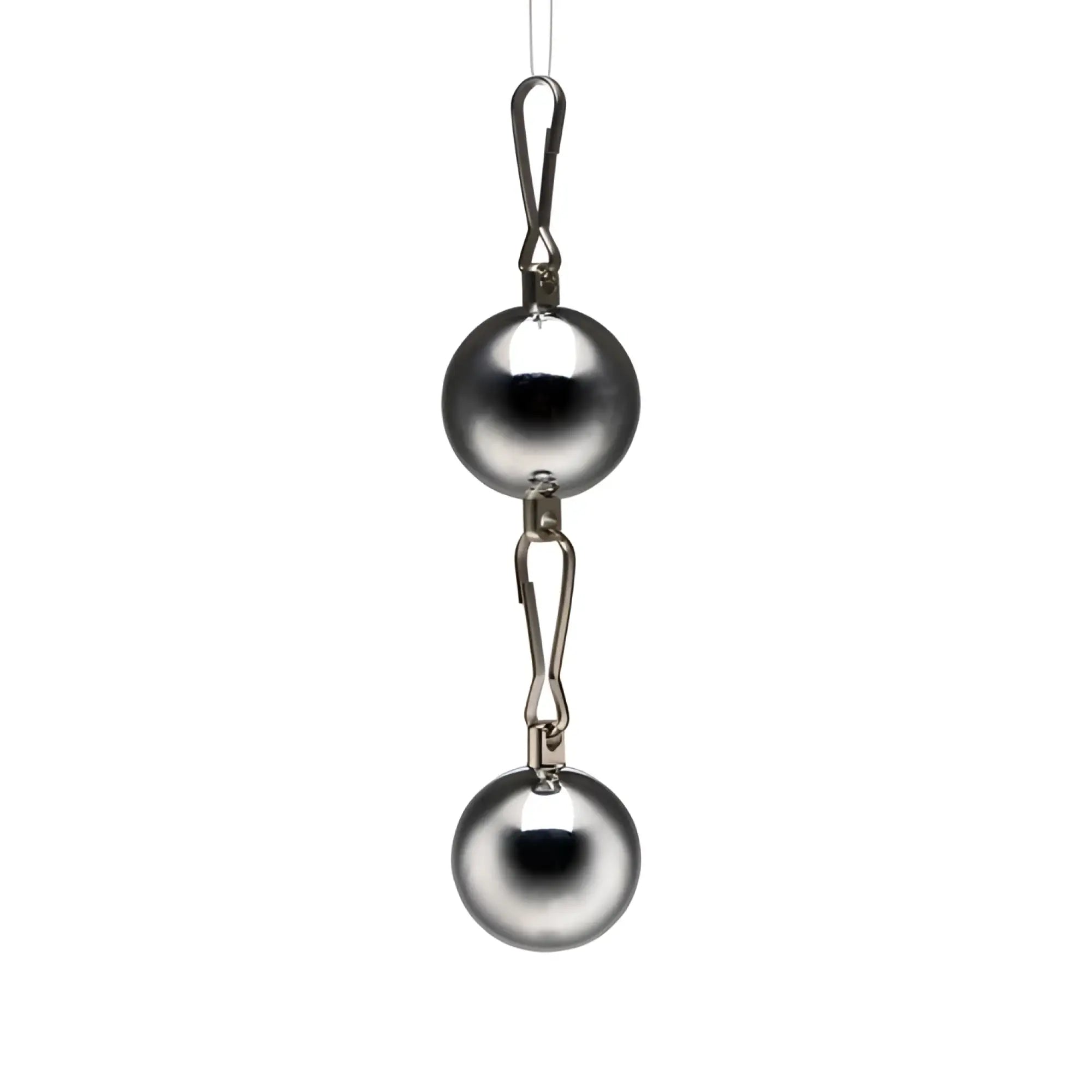 Master Series 8oz Interlocking Ball Weight: Two polished silver chrome balls connected by a metal clip on a string.