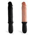 Master Series 8X Auto Pounder dildos in black and flesh tones, featuring realistic textured shafts and black handles.