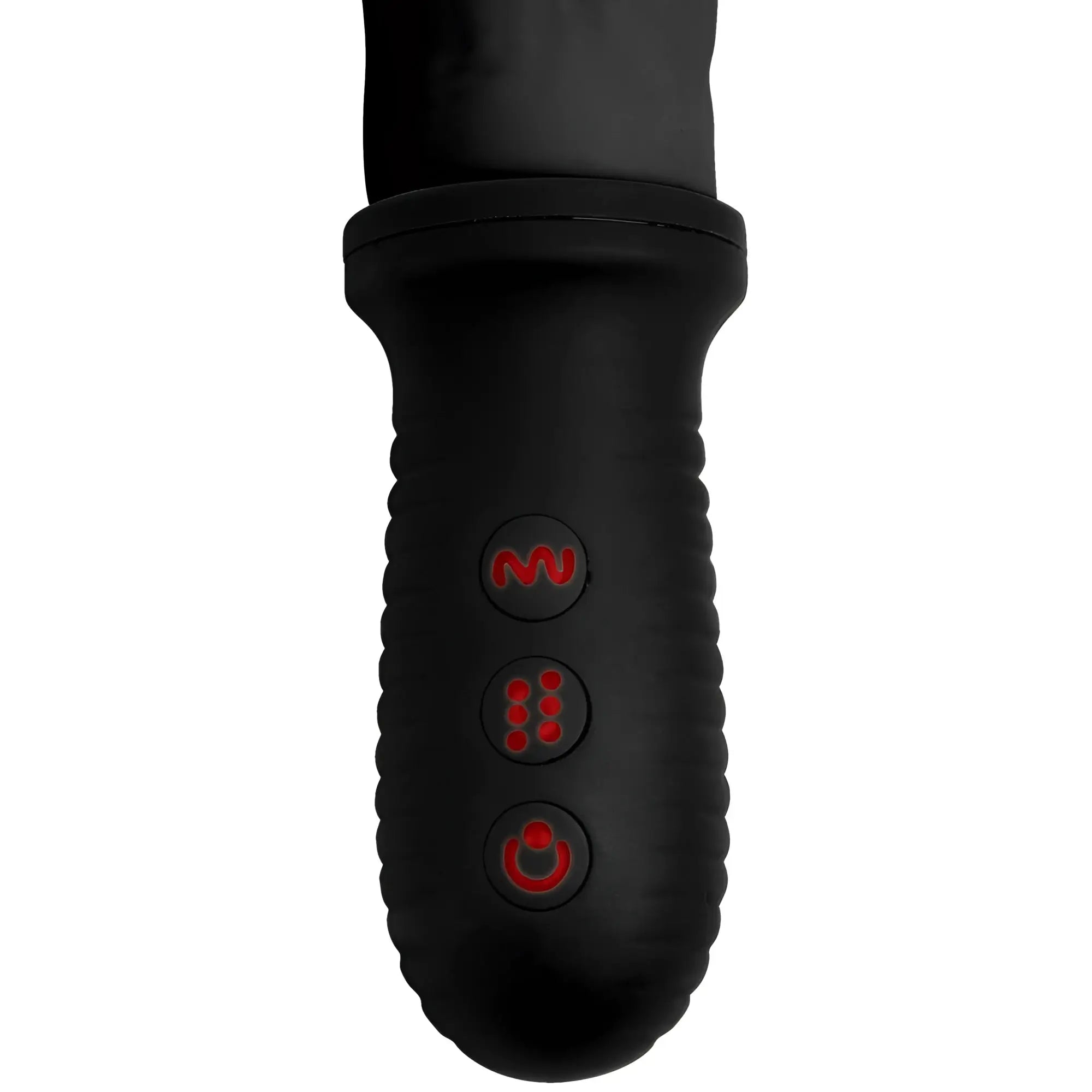 Black Master Series 8X dildo handle with textured grip and three illuminated red control buttons.