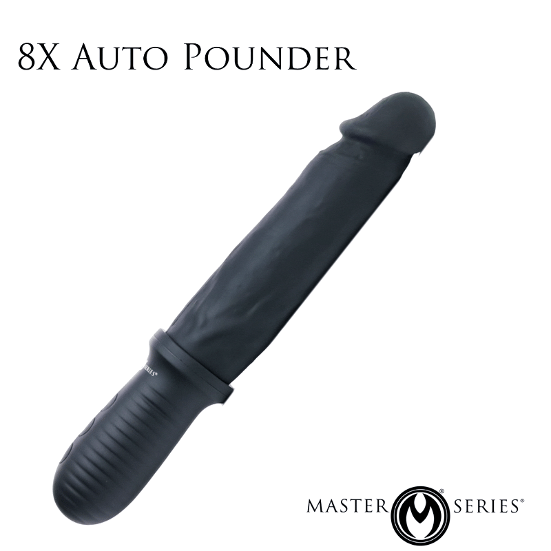 Black Master Series 8X Auto Pounder dildo with a textured, handle-based design for vibrating and thrusting.