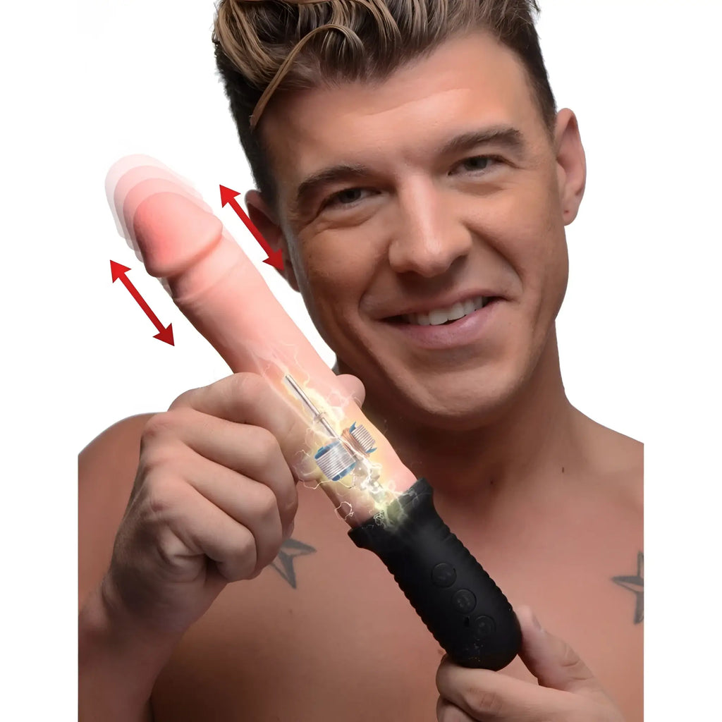Master Series 8X Auto Pounder with flesh-toned vibrating shaft, black handle, and red thrusting motion arrows.