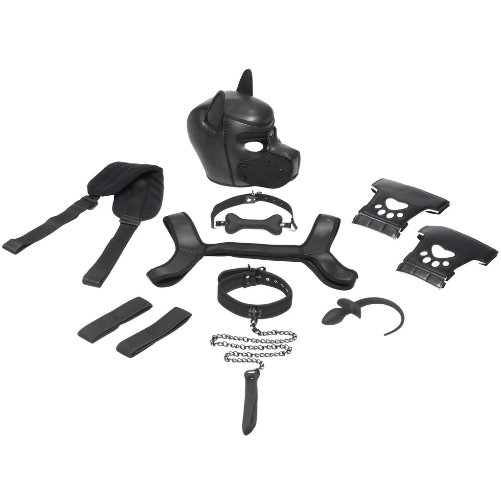 Master Series 9 Piece Deluxe Pup Arsenal set: black leather-style pup hood, harness, collar, leash, and accessories.