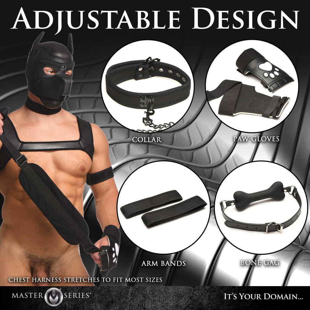 Master Series 9 Piece Deluxe Pup Arsenal: Black gear including a hood, collar, paw gloves, arm bands, and a bone gag.
