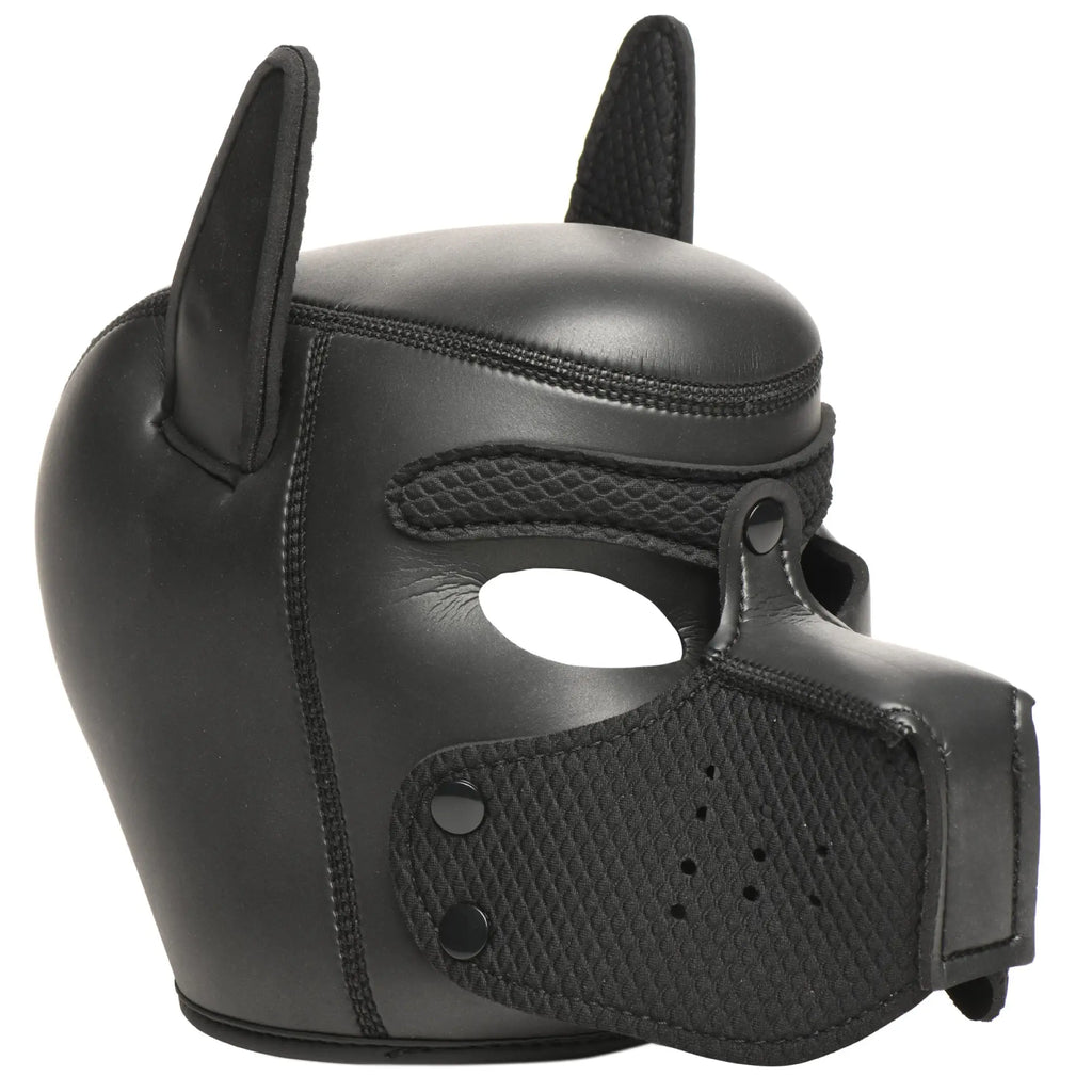 Master Series 9 Piece Deluxe Pup Arsenal black neoprene dog hood with pointed ears and mesh muzzle detailing.