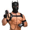 Master Series 9 Piece Deluxe Pup Arsenal: man in black leather puppy hood, harness, armband, and paw-print gloves.