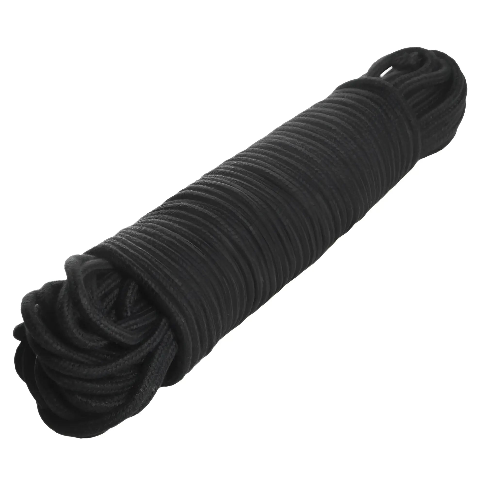 Master Series 96ft black cotton bondage rope coiled tightly in a cylindrical bundle against a white background.