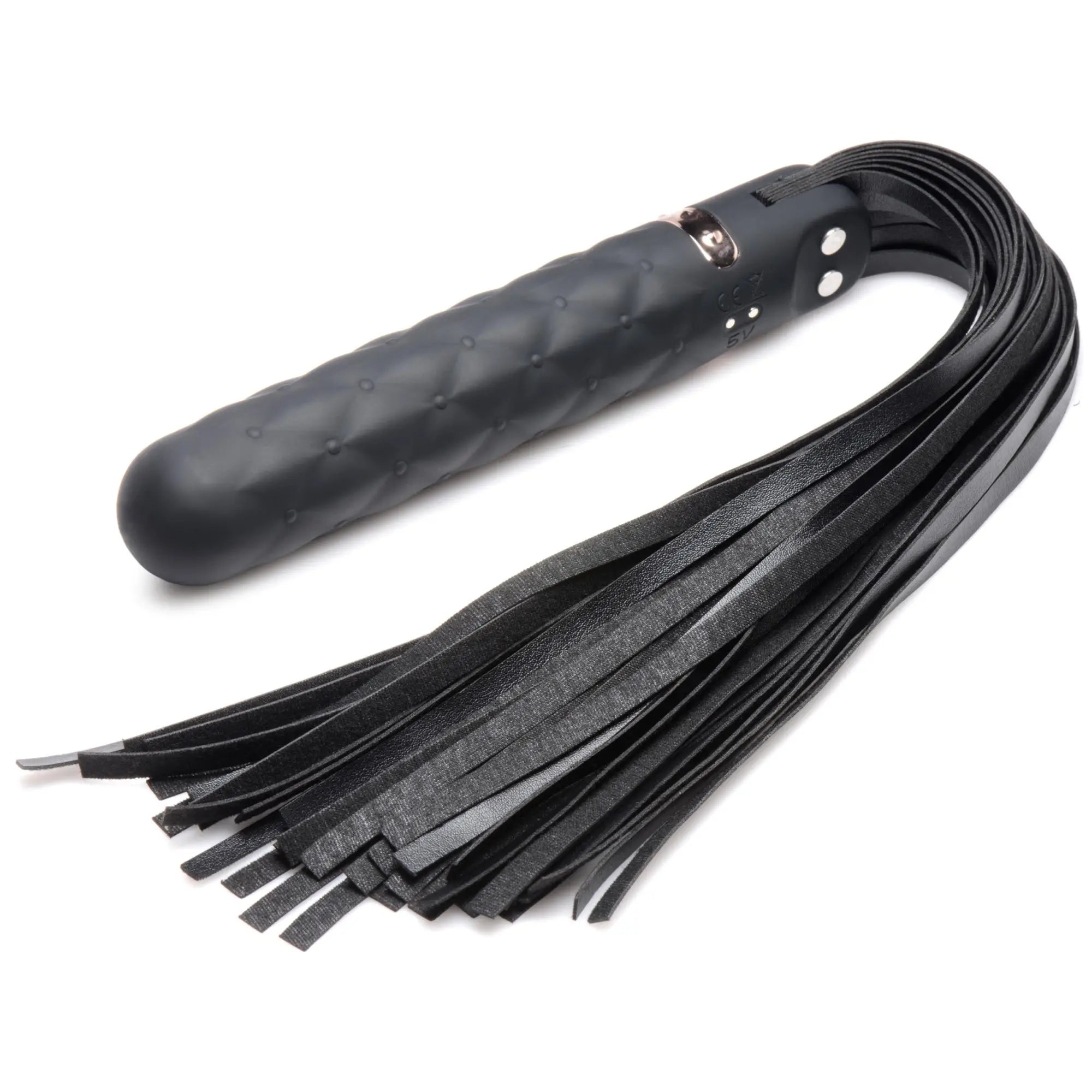 Master Series 9X black silicone vibrating flogger with a quilted handle and multiple leather-like streamers.