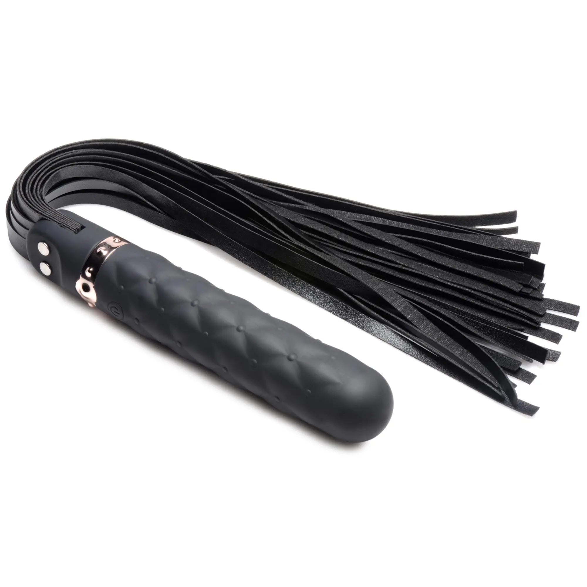 Master Series 9X black silicone vibrating dildo flogger with a textured handle, rose gold accents, and leather strips.