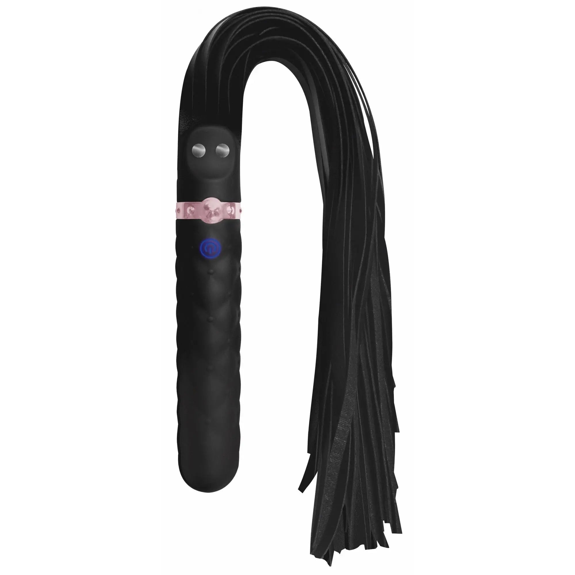 Master Series 9X black silicone vibrating flogger with rose gold accents and a textured handle on a white background.