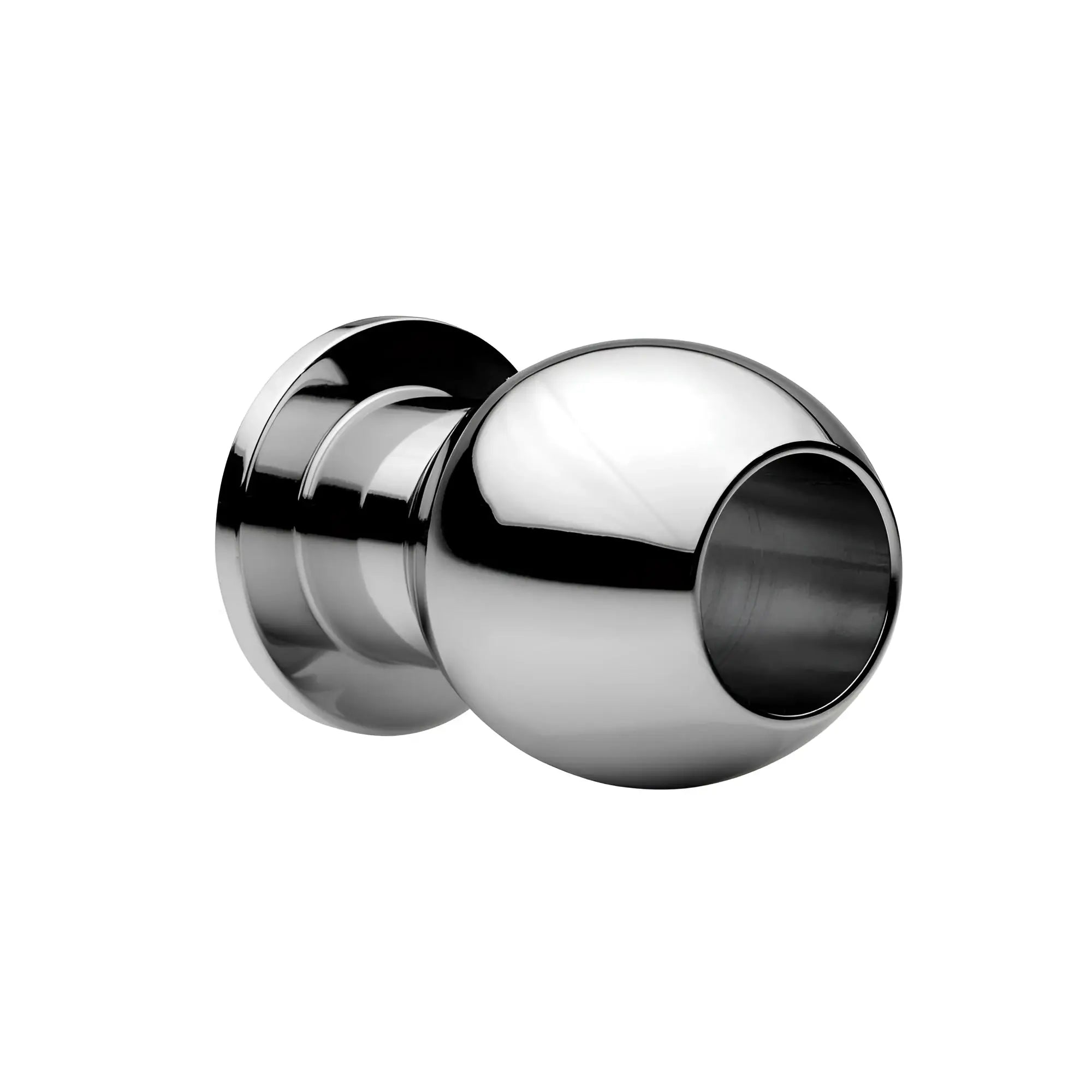 Master Series The Abyss: A shiny, chrome-finished hollow metal anal dilator with a spherical tip and flared base.