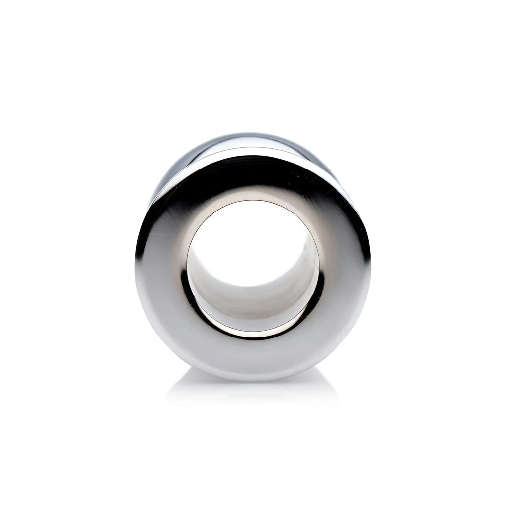 Master Series The Abyss hollow anal dilator featuring a smooth, polished chrome finish, shown from a front-facing angle.