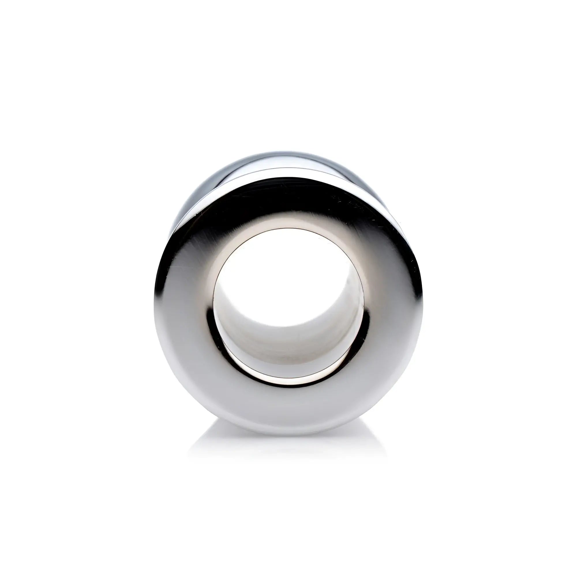Master Series The Abyss hollow anal dilator featuring a smooth, polished chrome finish, shown from a front-facing angle.